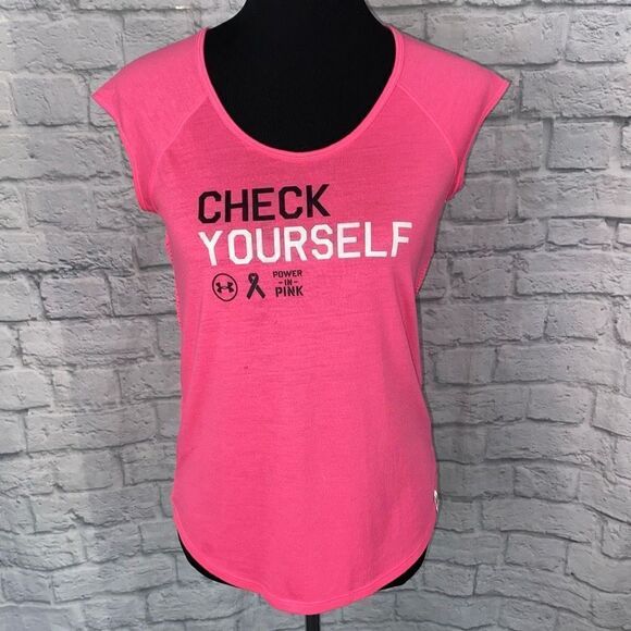 Under Armour heat gear scoopneck cap sleeve open mesh back top pink small - Picture 1 of 11
